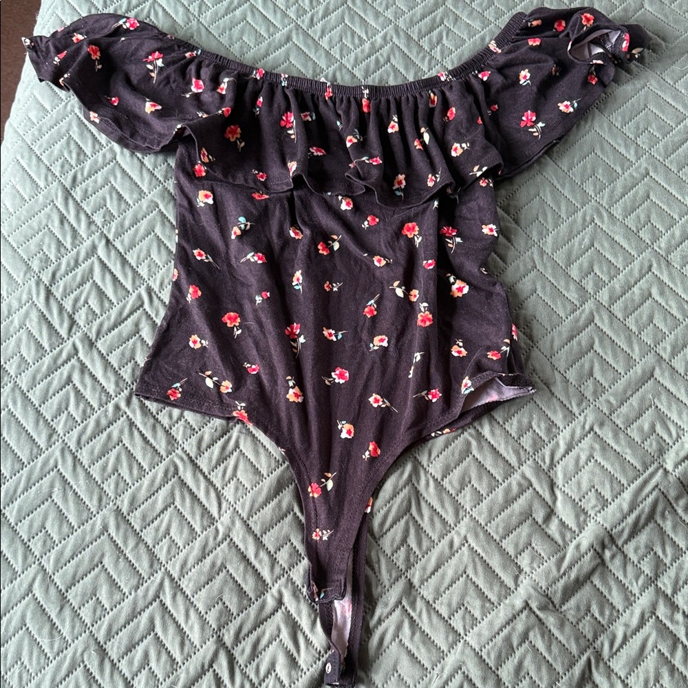 Floral Off-Shoulder Bodysuit - Black